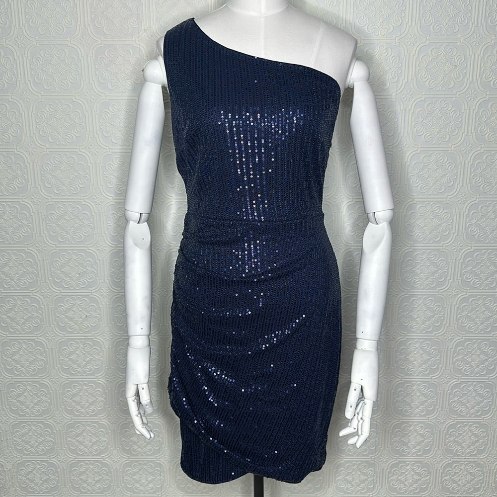 GRACE KARIN | Asymmetric One Shoulder Sequined Party Dress in Navy Blue